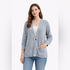 J Jill Pure XL Plush Fleece Cardigan Blue Gray Open Front Cozy Teddy Sweater